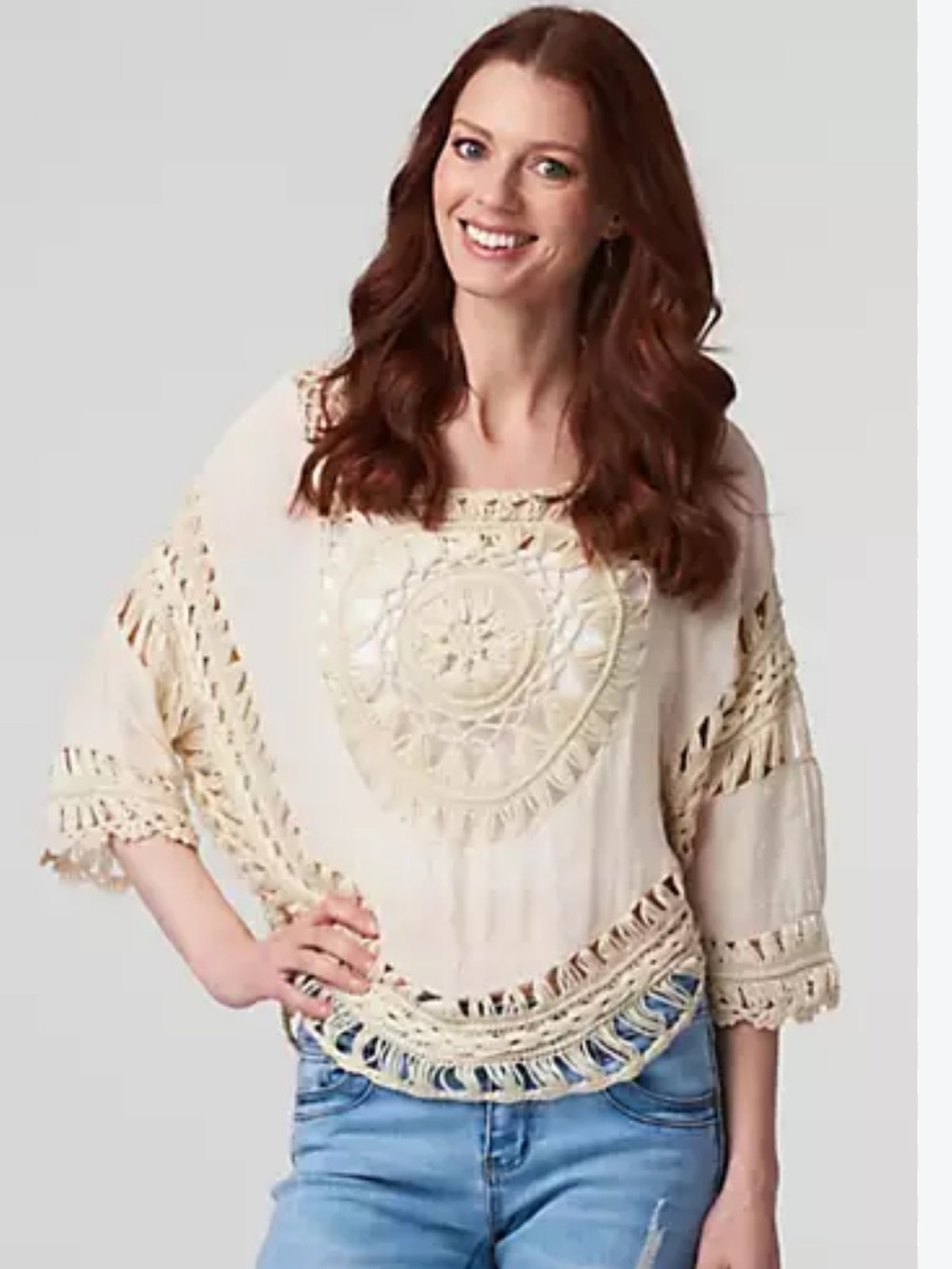 Boho Cream Crochet Relaxed Fit Short Sleeve Blouse• Medium